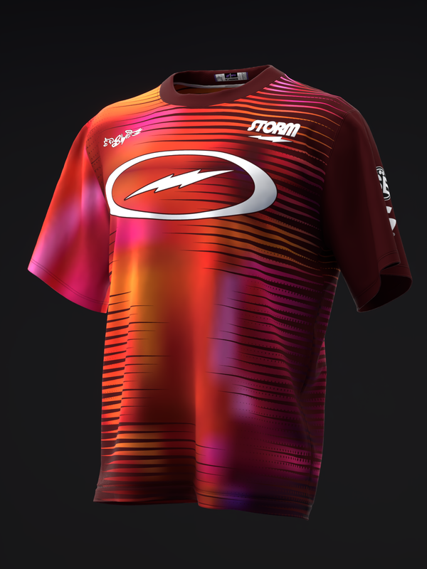 Red bowling jersey with gradient striped pattern and white oval logo on front