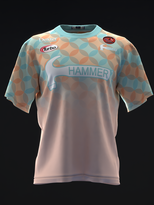Front view bowling jersey with geometric pattern, Hammer logo, and sponsor patches