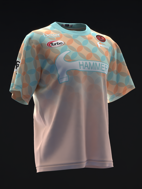 Front view of bowling jersey with pastel geometric pattern upper and solid lower body