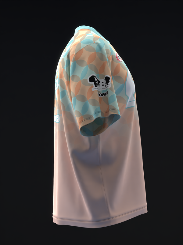 White bowling jersey with peach and blue geometric pattern on shoulder, side view