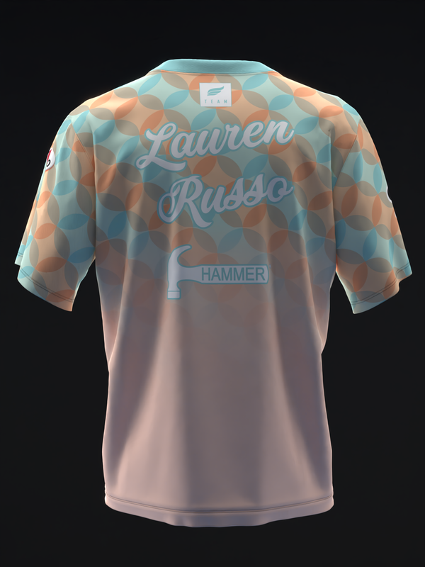 Back view of bowling jersey with geometric pattern in pastel blue, peach, and tan with script name and Hammer logo.