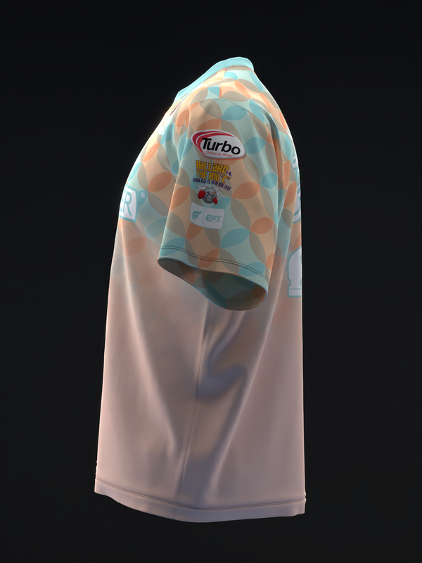 White bowling jersey with blue and orange geometric pattern on shoulder area