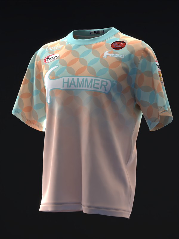 Bowling jersey with pastel blue and peach geometric pattern and Hammer branding