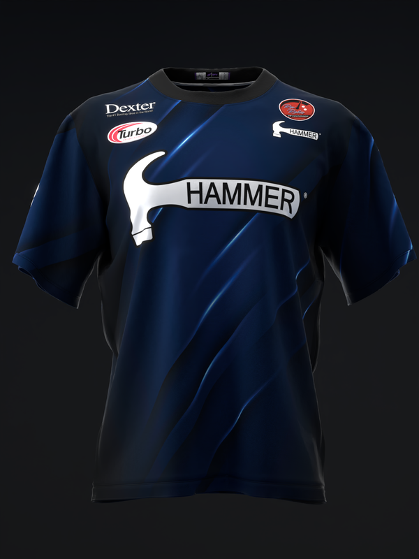 Navy and black bowling jersey with hammer logo and sponsor badges, front view