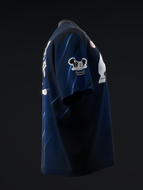 Navy bowling jersey with white side panels and skull graphic on back