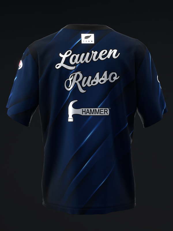 Dark navy bowling jersey back view with diagonal blue stripes and white text