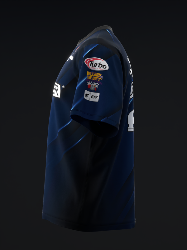 Navy bowling jersey with blue accent lines and Turbo logo on chest