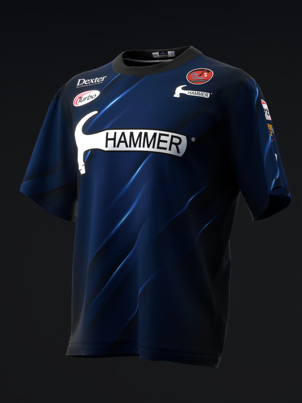 Navy bowling jersey with Hammer logo and diagonal stripe design, front view