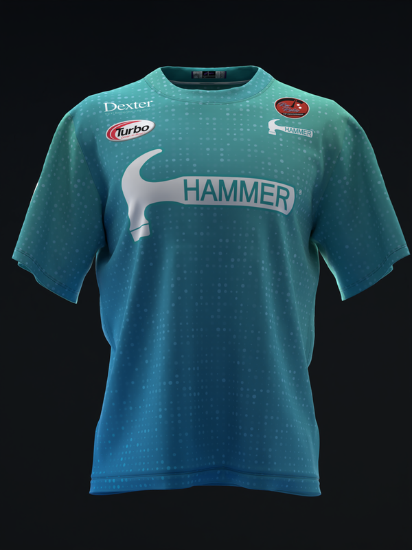 Teal bowling jersey with hammer graphic and sponsor logos on front