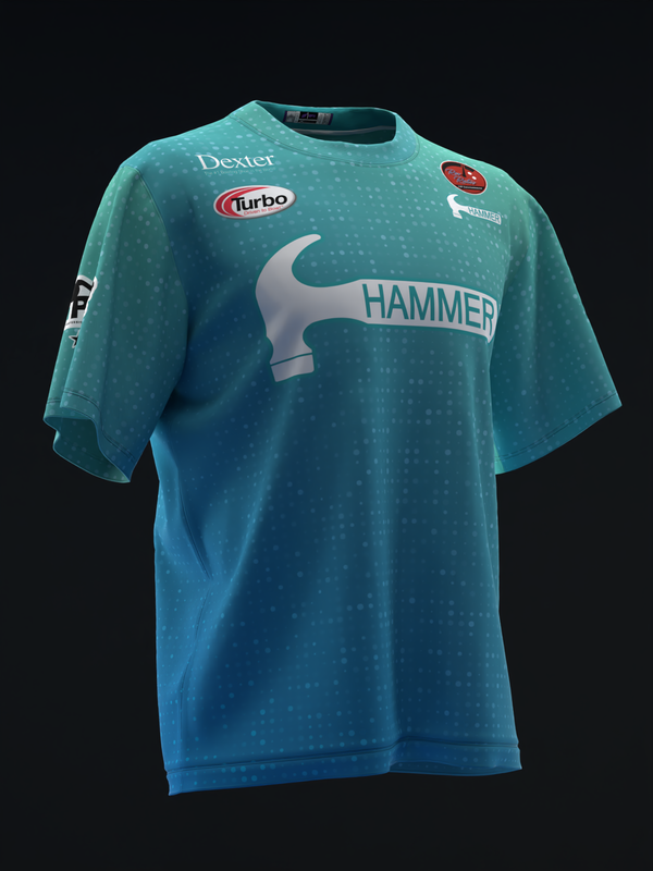 Teal bowling jersey with hammer graphic and sponsor logos on front
