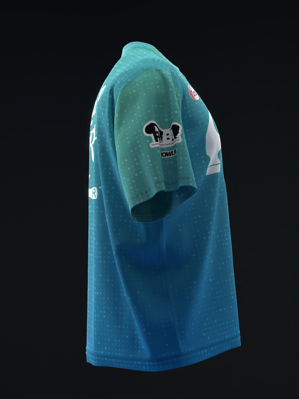 Teal bowling jersey with subtle dot pattern and mouse graphic on sleeve