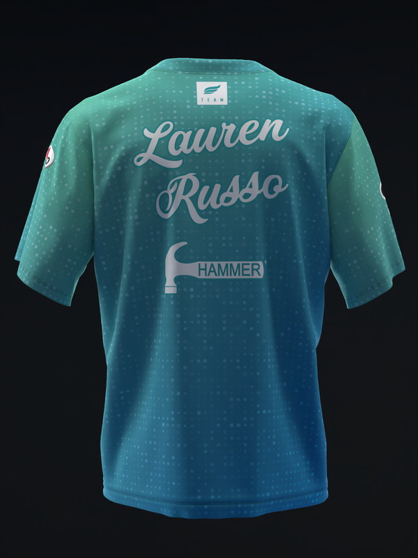 Teal bowling jersey with gradient fade and dotted pattern, back view showing player name and hammer graphic