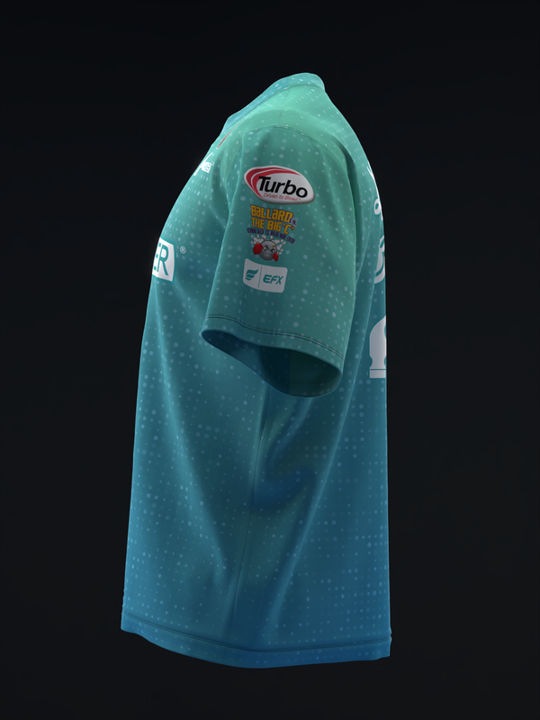 Teal bowling jersey with speckled pattern and Turbo logo on front
