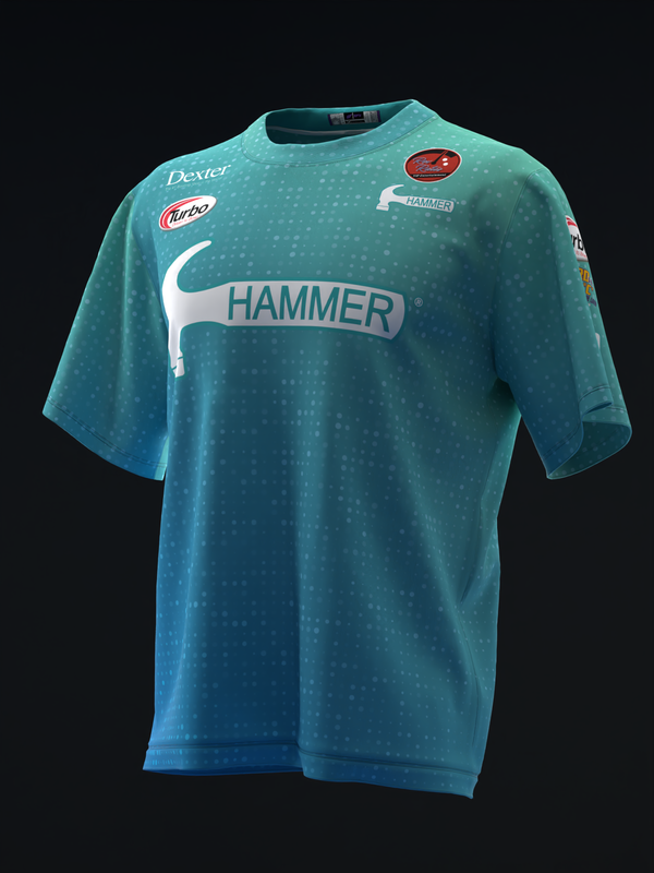 Teal bowling jersey with white Hammer logo and sponsor patches on front