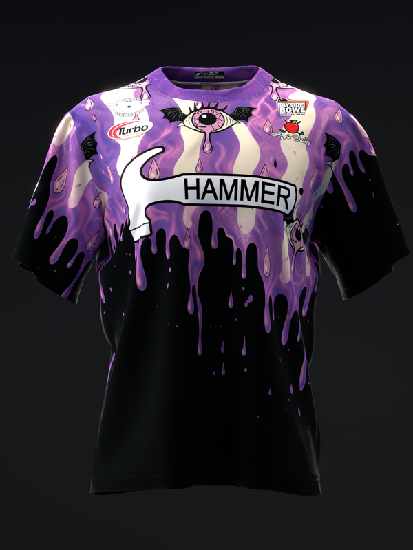 Purple and black bowling jersey with dripping paint effect and Hammer logo front view