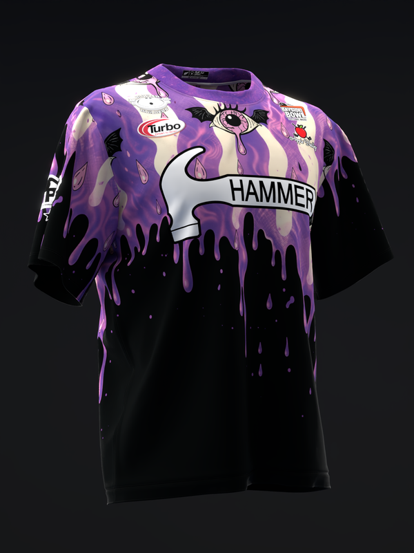 Purple and black bowling jersey with dripping paint design and hammer graphic