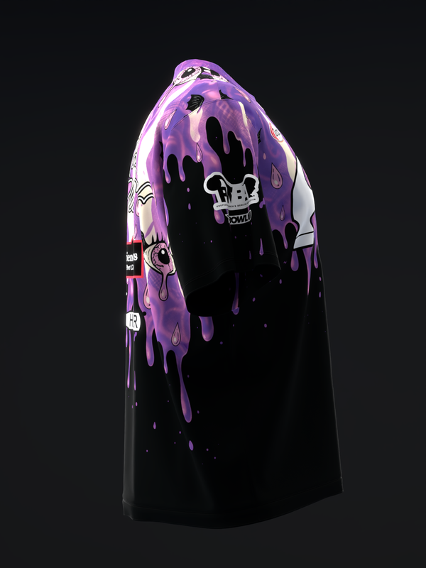 Black bowling jersey with purple dripping paint design and skull graphic, side view