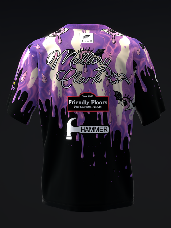 Purple and black bowling jersey with dripping paint effect and eye motifs, back view