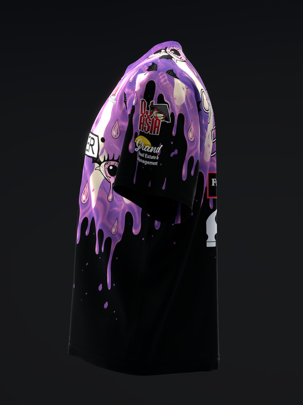 Black bowling jersey with purple dripping paint and eye graphic design