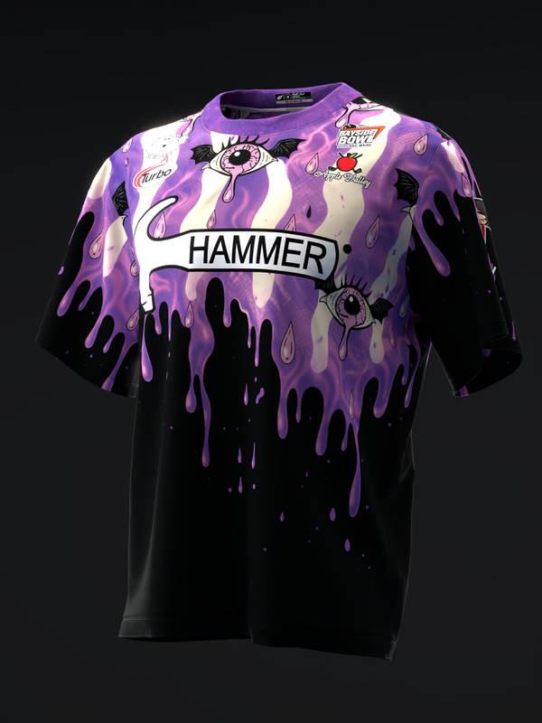 Purple and black bowling jersey with dripping paint effect and eye graphic design