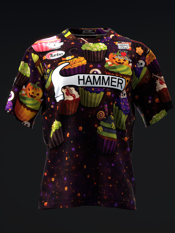 Black bowling jersey with colorful Halloween cupcake graphic and Hammer logo