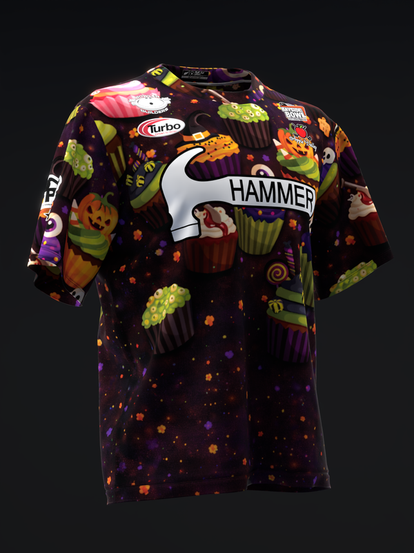 Black bowling jersey with colorful Halloween cupcake design, front view