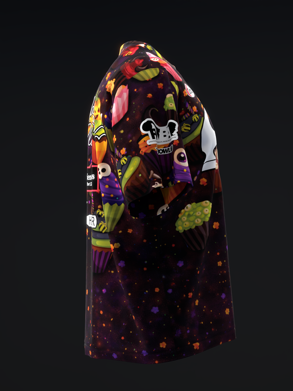 Dark purple bowling jersey with colorful Halloween cupcake and candy graphics
