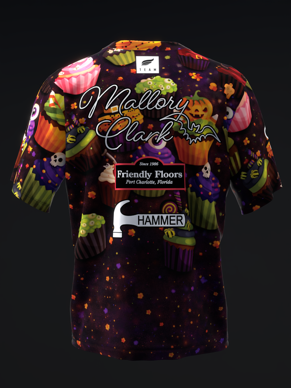 Black bowling jersey with colorful Halloween cupcake design and text graphics