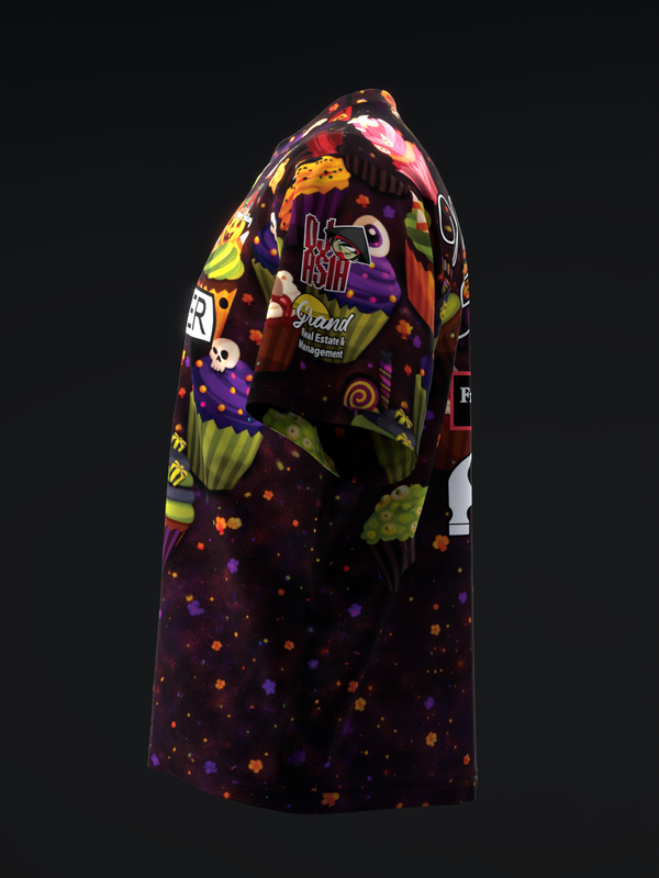 Black bowling jersey with colorful Halloween cupcake and candy graphics, side view