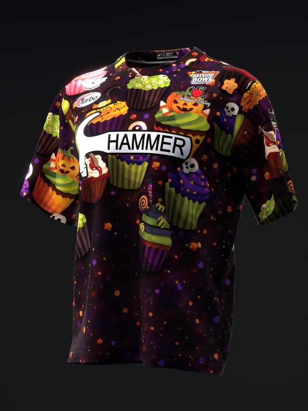 Black bowling jersey with colorful Halloween cupcake and candy print design