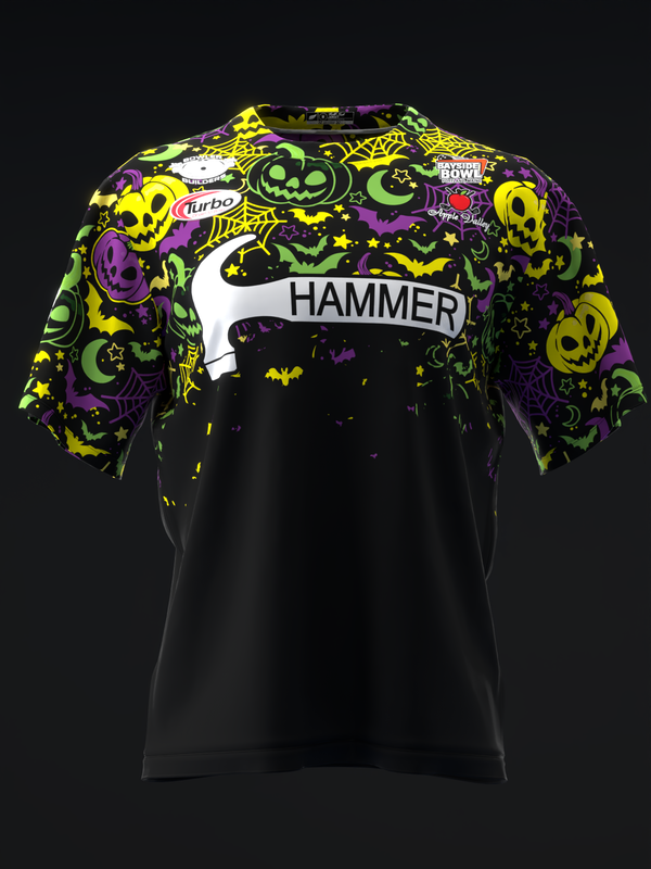 Black bowling jersey with colorful Halloween-themed graphic on front shoulders and sleeves