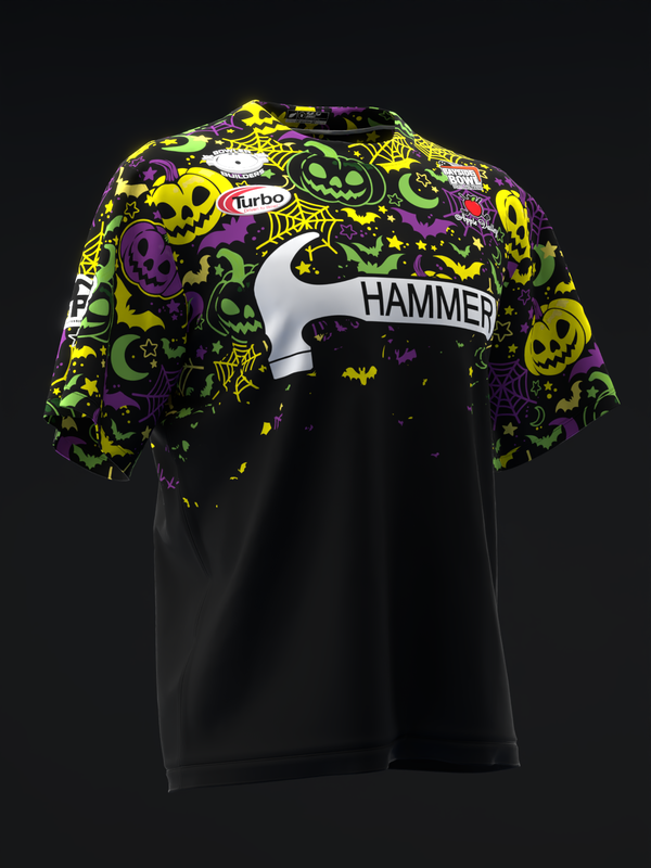 Black bowling jersey with neon yellow, purple, and green Halloween graphic on upper front