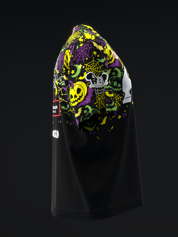 Black bowling jersey with colorful Halloween-themed graphic on back shoulder area