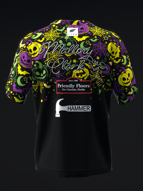 Black bowling jersey with colorful Halloween motif and sponsor logos on back