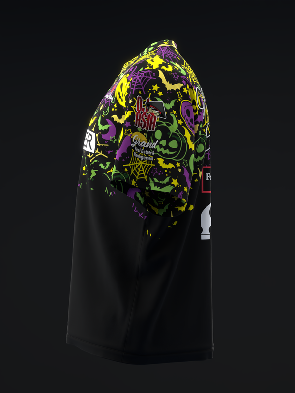 Black bowling jersey with colorful Halloween-themed graphic on shoulder and chest area
