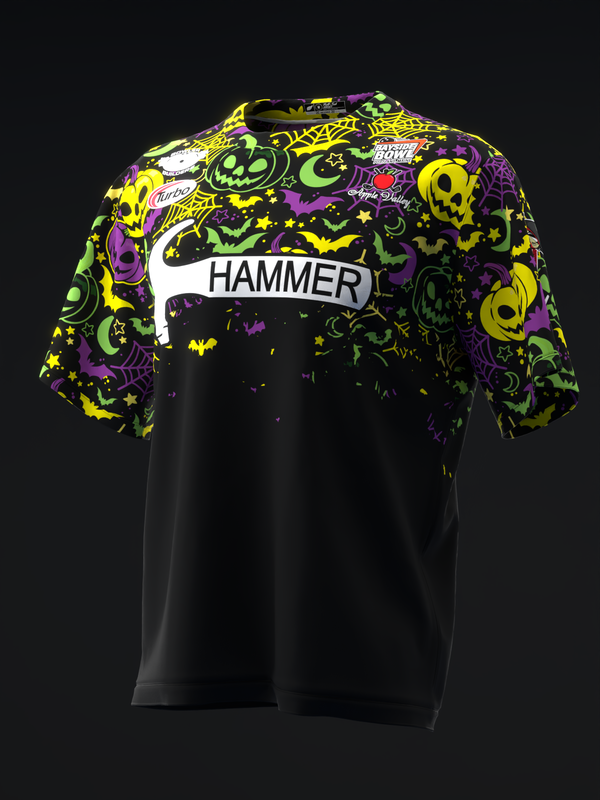 Black bowling jersey with colorful Halloween-themed graphic on chest and sleeves
