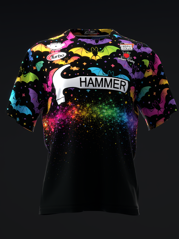 Black bowling jersey with colorful bat pattern and rainbow splatter graphic on front