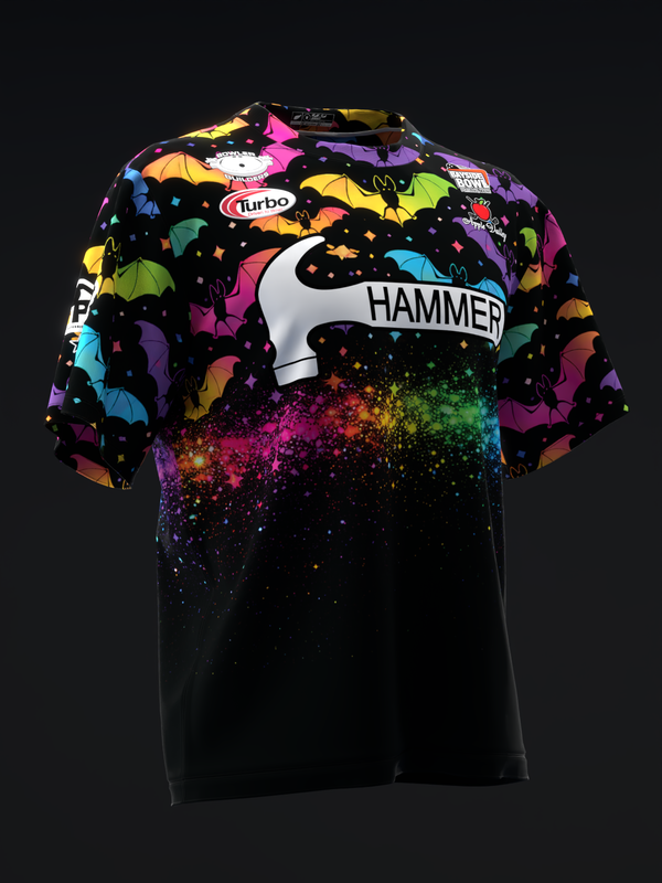 Bowling jersey front with colorful bats and sparkle gradient design on black
