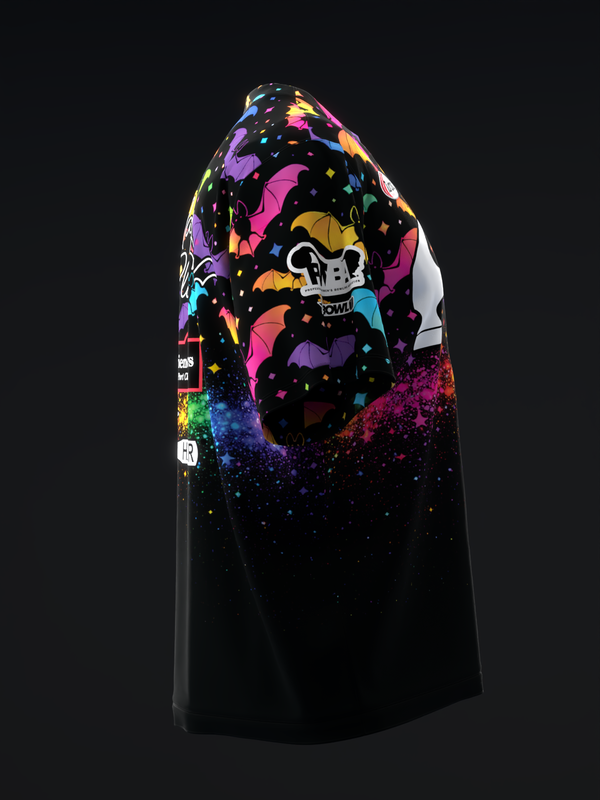 Black bowling jersey with colorful bats and sparkle gradient design, front view