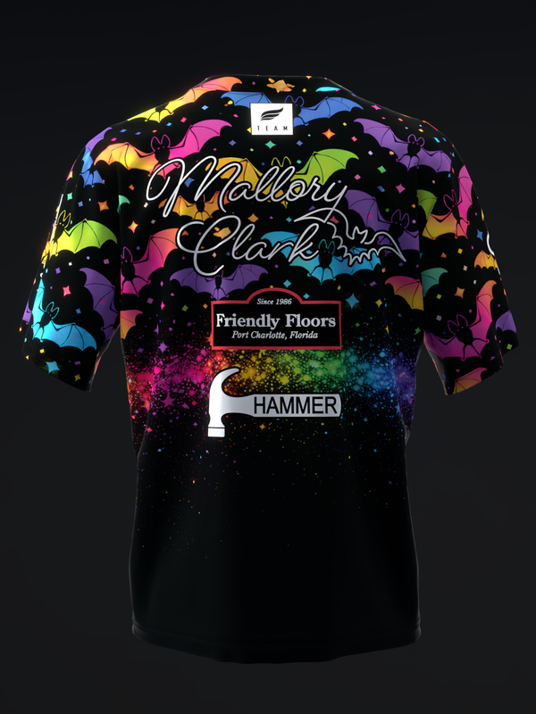 Black bowling jersey with colorful bats and rainbow splatter design front view