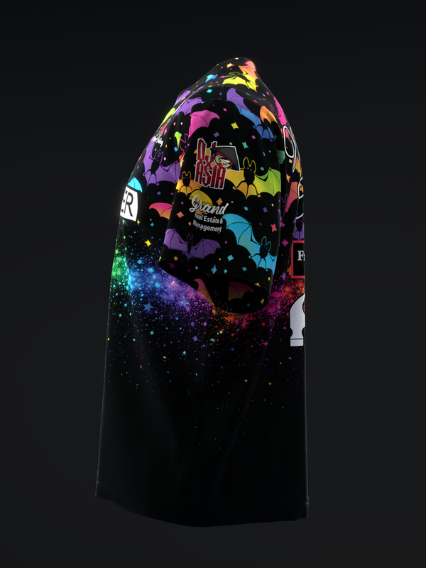 Black bowling jersey with rainbow bats and colorful galaxy gradient design