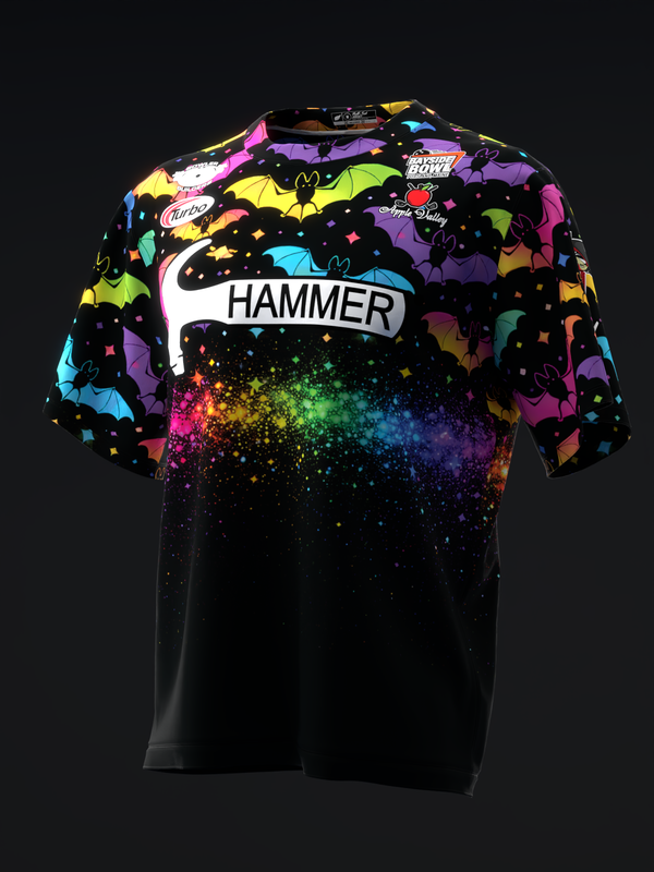 Black bowling jersey with colorful bat pattern and rainbow gradient sparkles