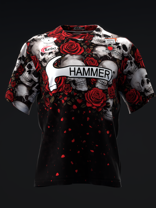 Black bowling jersey with red roses, skulls, and Hammer text on front