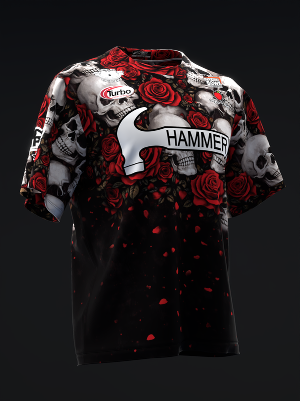 Black bowling jersey with red roses, skulls, and Hammer logo on front