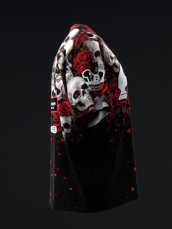 Black bowling jersey with red roses and skull graphic on front and sleeves