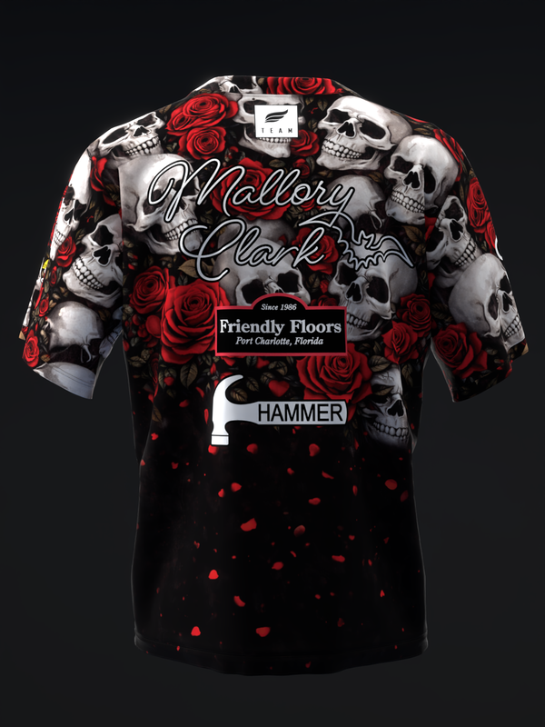 Black bowling jersey with red roses, skulls, and text graphics on front