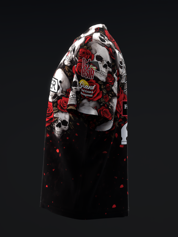 Bowling jersey with skull and red roses print on white and black