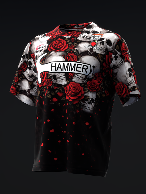 Black bowling jersey with skull and red rose graphic, Hammer text front center