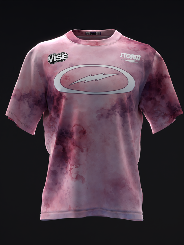 Pink tie-dye bowling jersey with Vise and Storm logos on front