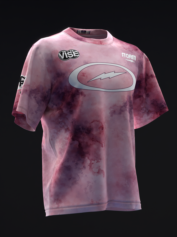 Pink tie-dye bowling jersey with oval logo and lightning bolt graphic front view